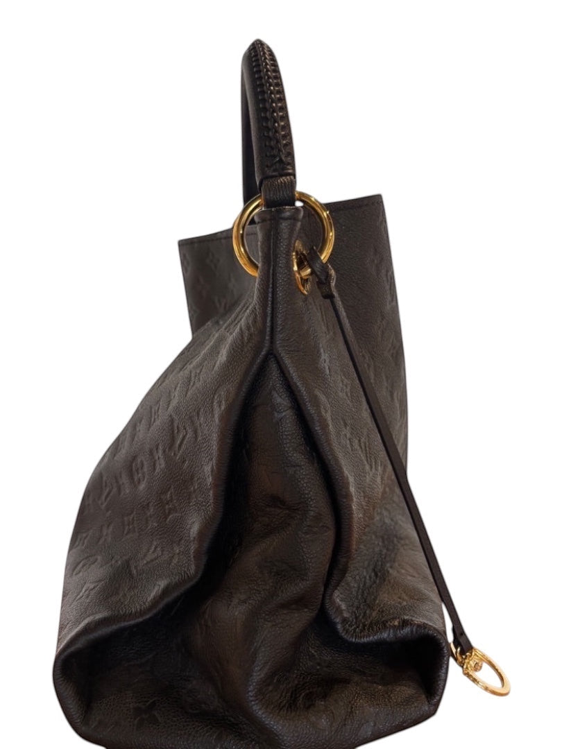 Posh Purse Co black Louis Vuitton Artsy MM hobo bag in embossed leather with braided handle and gold hardware.