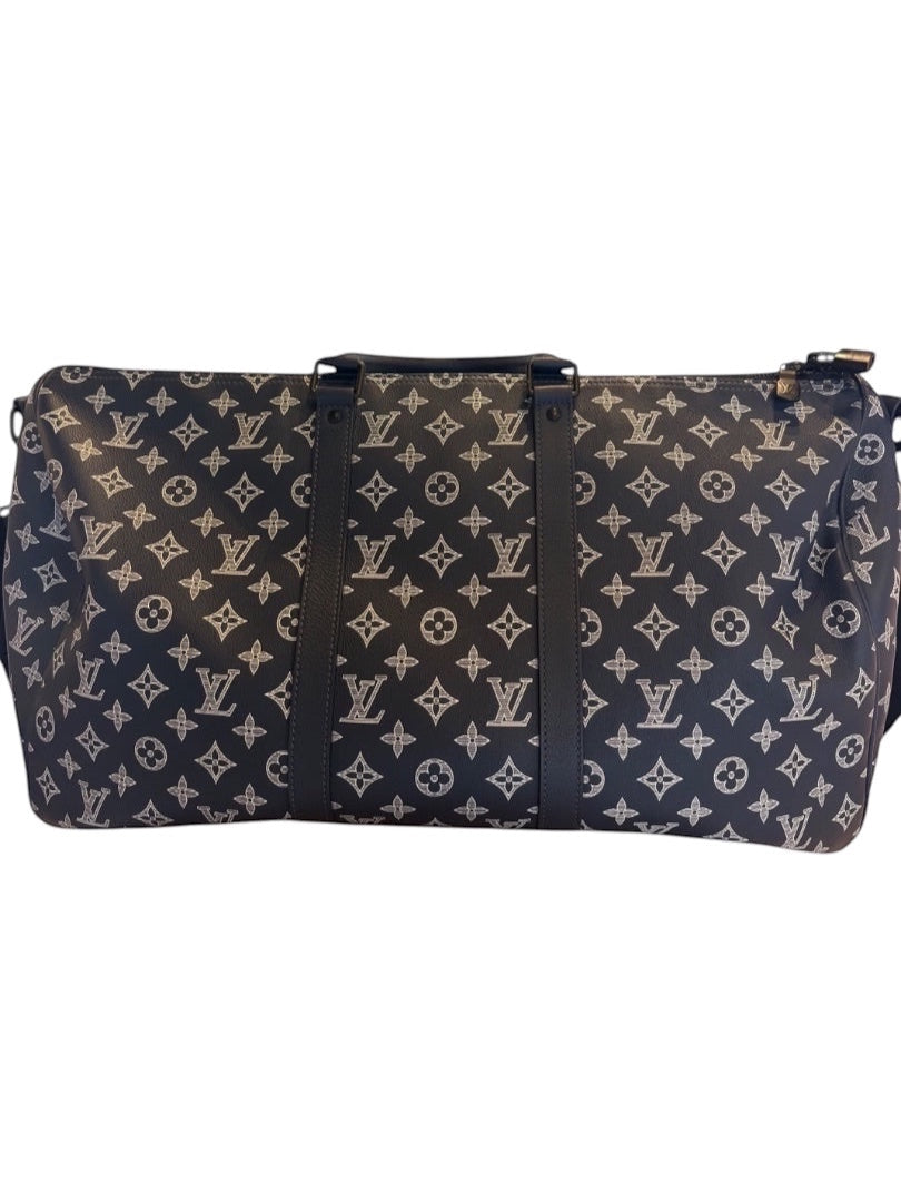 Posh Purse Co black Louis Vuitton Monogram Shadow calfskin leather Keepall 50 travel duffle bag with embossed pattern.