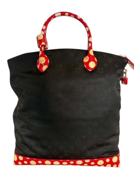 Posh Purse Co black Louis Vuitton x Yayoi Kusama Lock It tote with red and cream polka dots on handles and trim.