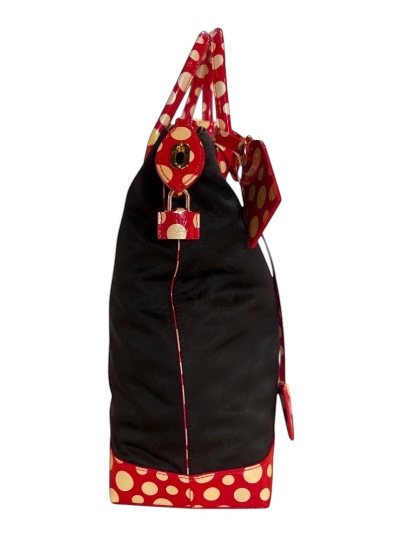 Posh Purse Co black Louis Vuitton x Yayoi Kusama Lock It Tote with red and cream polka dots, gold padlock detail.