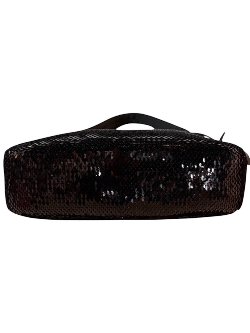 Posh Purse Co black Prada sequin mini shoulder bag with silver-tone hardware and top zip closure.