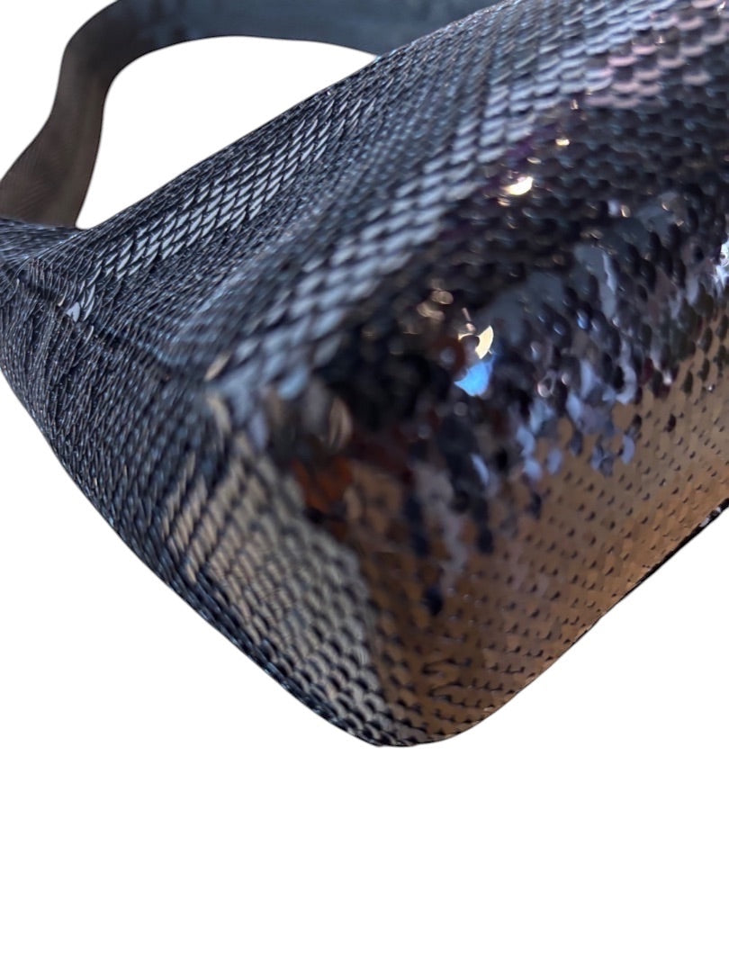 Posh Purse Co black Prada Re-Edition 2000 sequined mini shoulder bag with silver-tone hardware and a comfortable shoulder strap.
