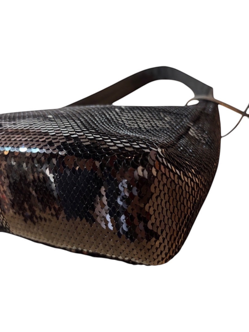 Posh Purse Co black Prada Re-Edition 2000 sequin mini shoulder bag with silver-tone hardware and a single strap.