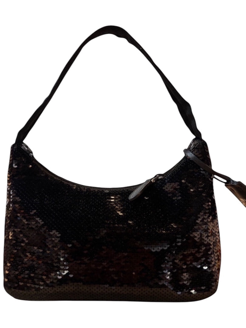 Posh Purse Co black Prada Re-Edition 2000 sequin mini shoulder bag with silver-tone hardware and top zip closure.