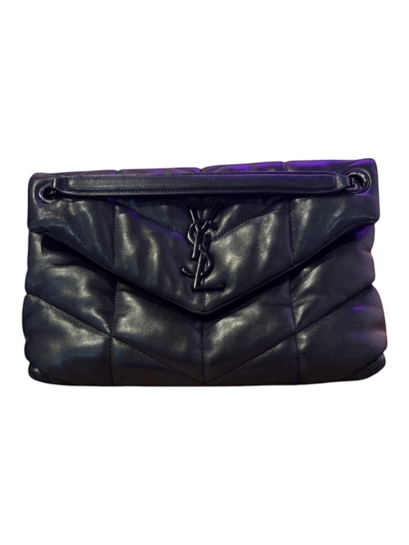 Posh Purse Co black quilted leather Saint Laurent LouLou Puffer bag with black hardware and YSL logo.