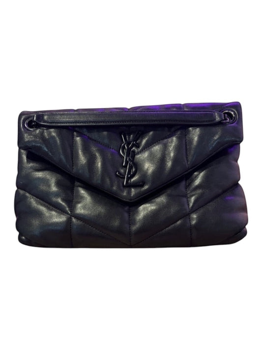 Posh Purse Co black quilted leather Saint Laurent LouLou Puffer bag with black hardware and YSL logo.