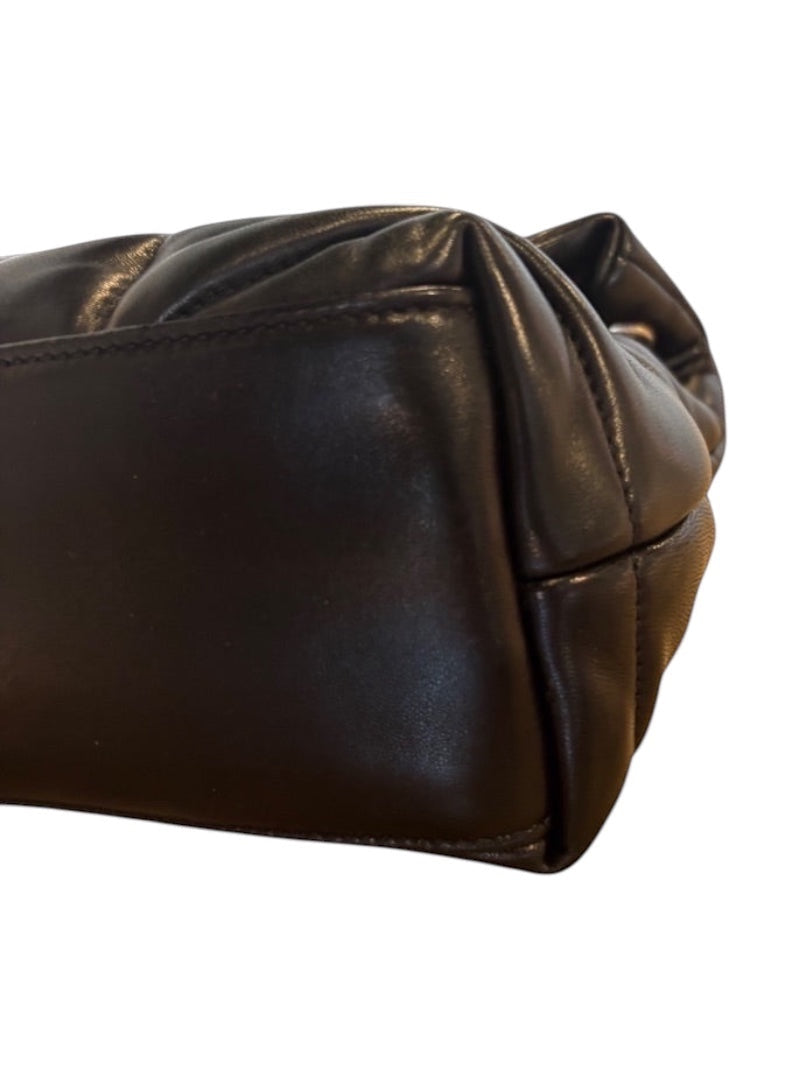 Posh Purse Co. black quilted leather Saint Laurent Loulou Puffer bag with chevron pattern and YSL logo.