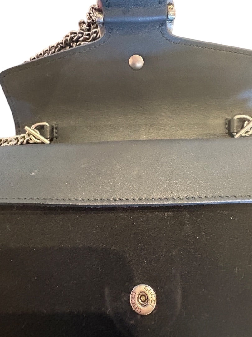 Posh Purse Co. black velvet Gucci Mini Dionysus bag with antique silver-tone tiger head closure and sliding chain strap.