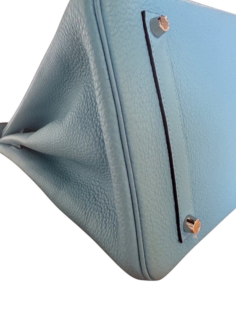 Posh Purse Co light blue Togo leather Hermes Birkin 35 bag with palladium hardware, close-up of corner detail.
