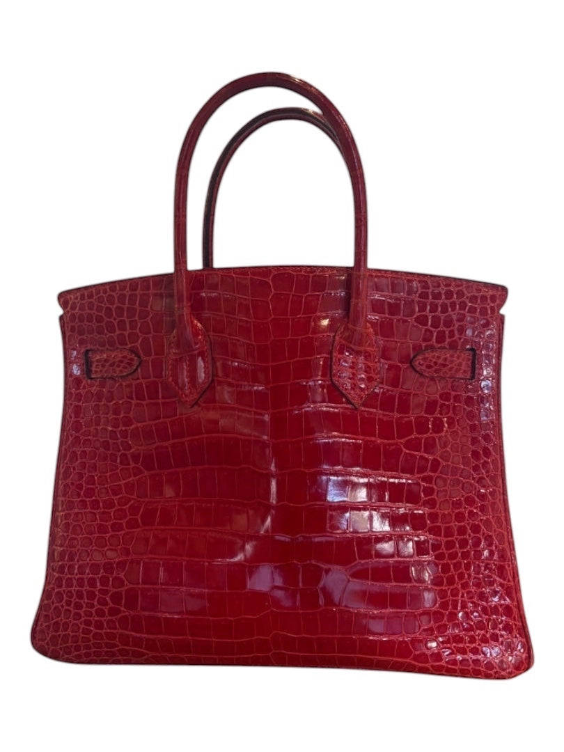 Posh Purse Co Braise red crocodile Birkin 30 handbag with palladium hardware and top handles.