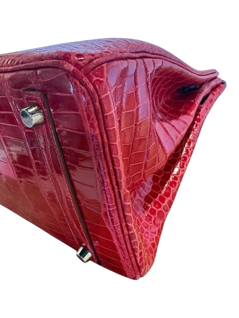 Posh Purse Co Braise red crocodile Birkin 30 handbag with palladium hardware, detailed scale pattern.