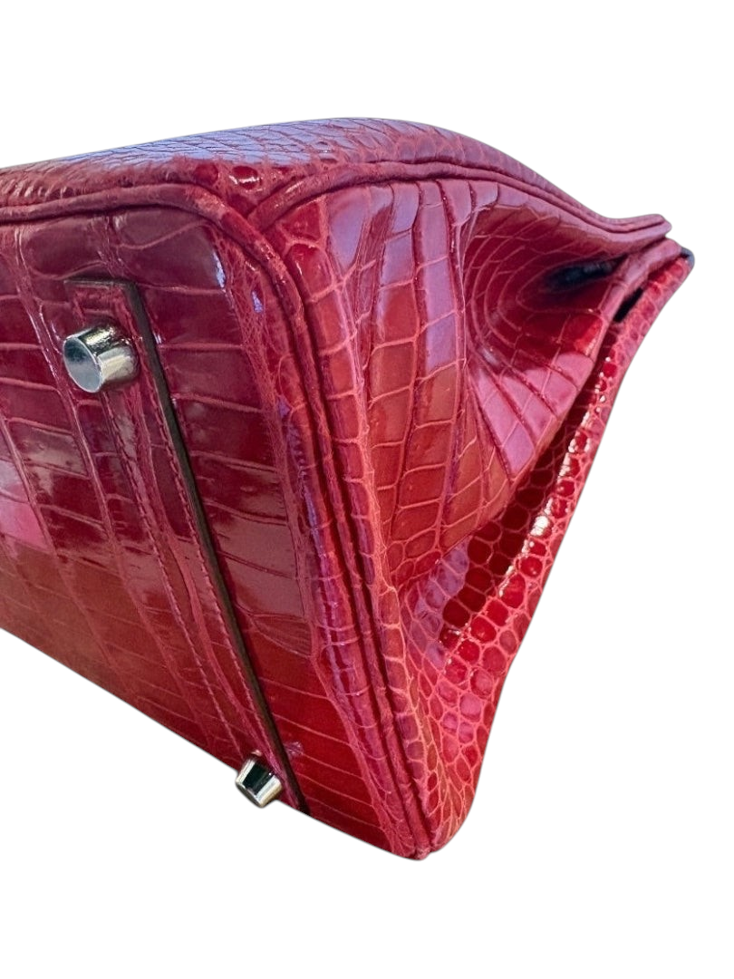 Posh Purse Co Braise red crocodile Birkin 30 handbag with palladium hardware, detailed scale pattern.
