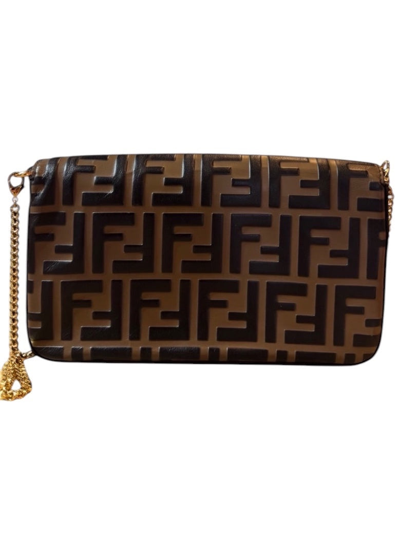Posh Purse Co brown Fendi Vitello Soft FF embossed wallet on chain with gold chain strap.