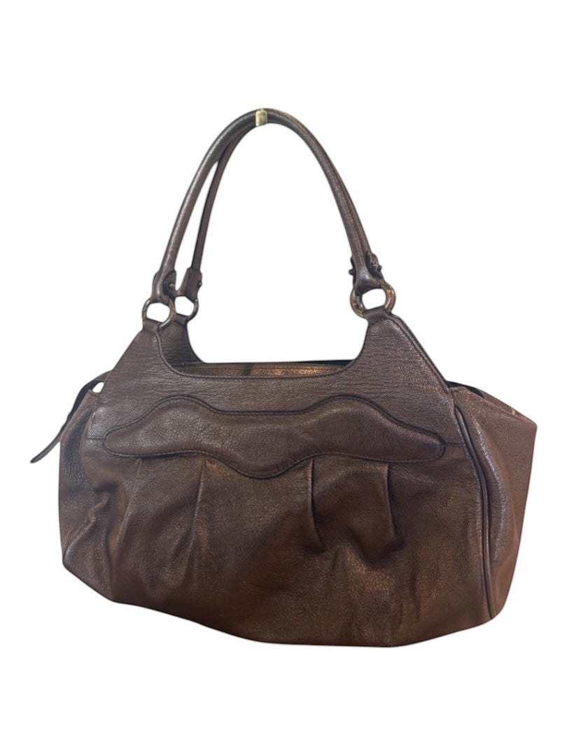 Posh Purse Co pre-loved brown metallic leather Salvatore Ferragamo Mancini shoulder bag with Gancini hardware.