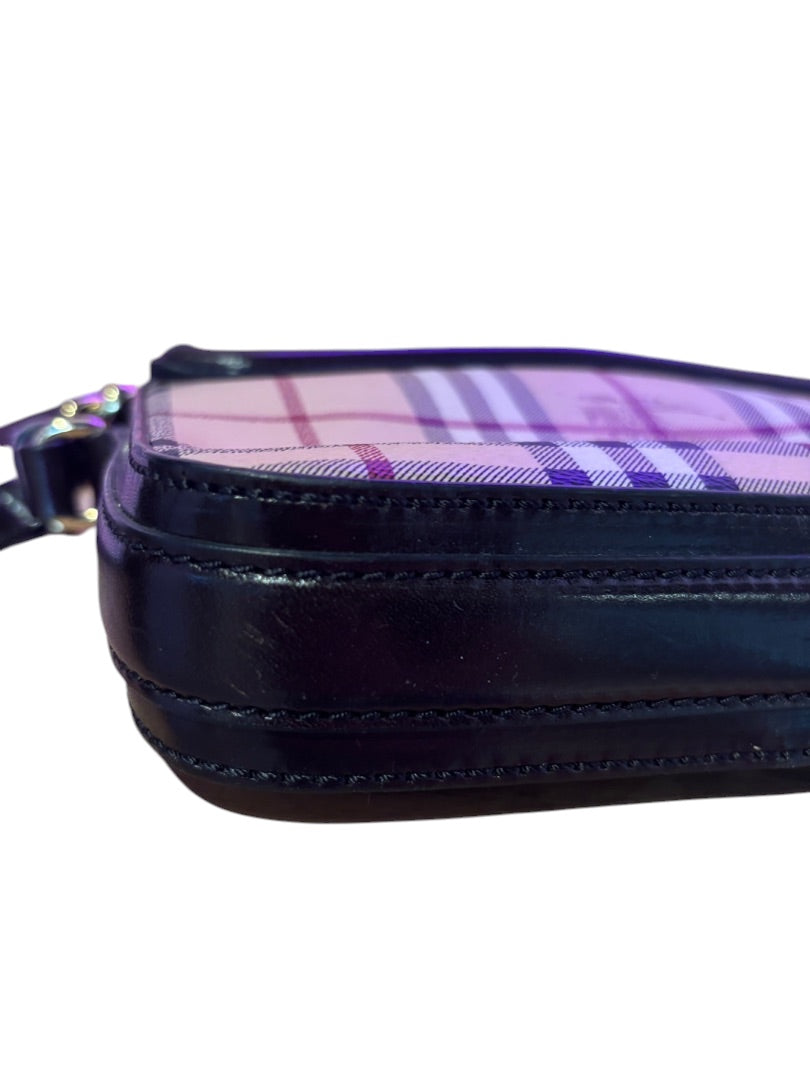 Posh Purse Co. Burberry crossbody bag in pink plaid canvas with black leather trim and gold hardware. Preloved and in excellent condition.