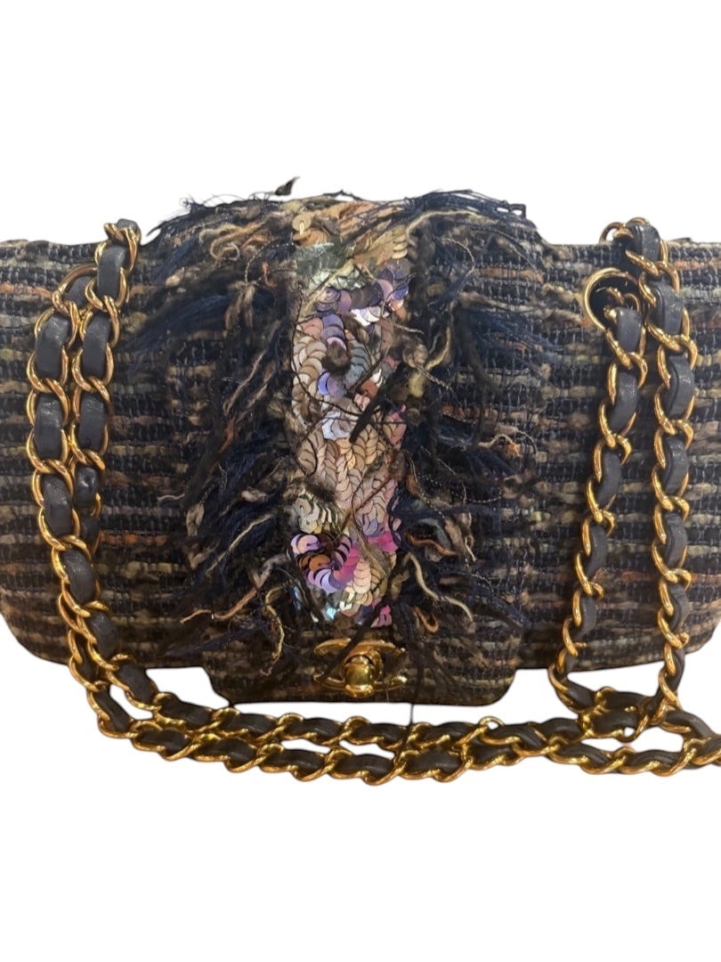 Posh Purse Co vintage Chanel jeweled sequin mermaid tweed flap bag with gold chain strap.