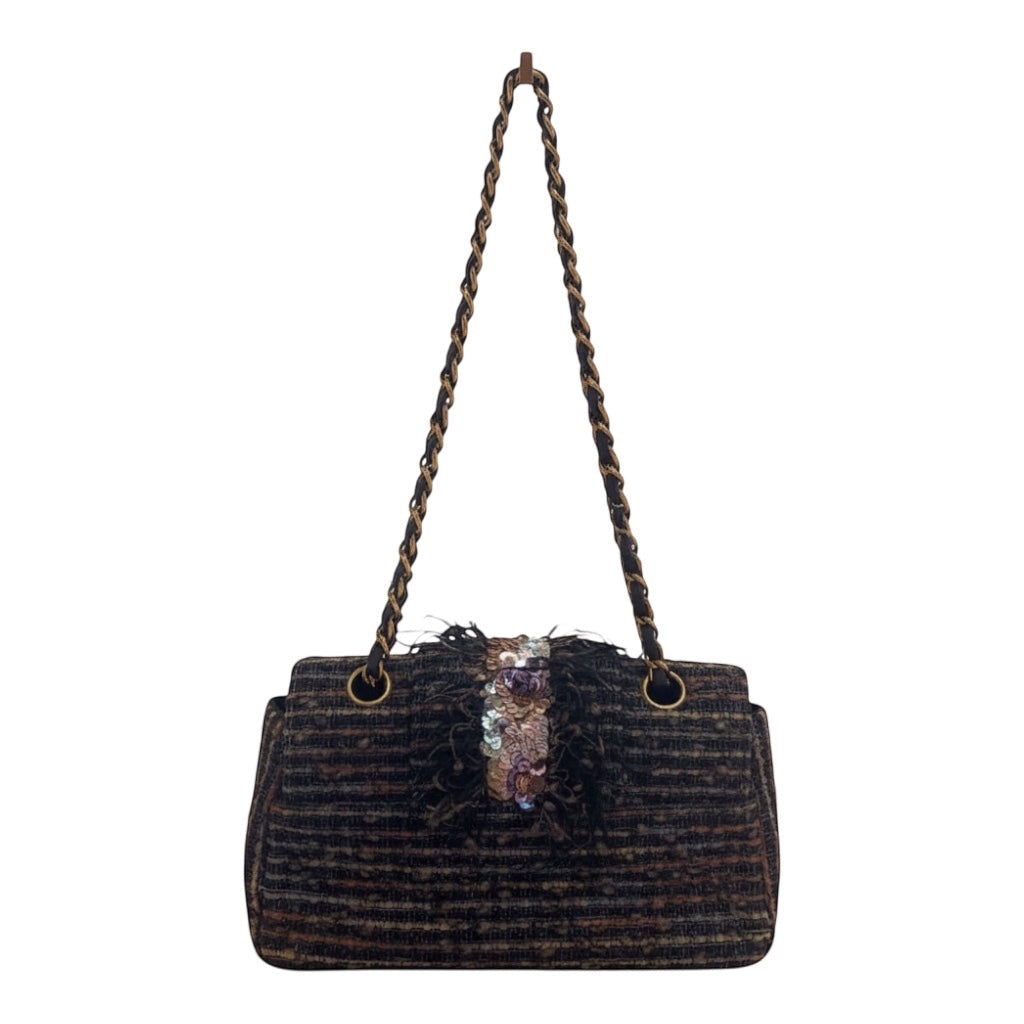 Posh Purse Co vintage Chanel jeweled sequin mermaid tweed shoulder bag with chain strap.