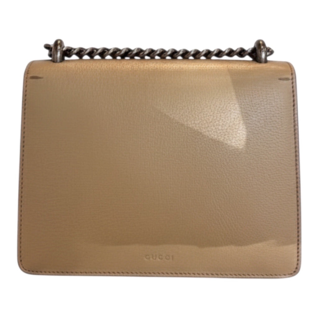 Posh Purse Co. cream leather Gucci Dionysus shoulder bag with antique silver-tone tiger head closure and sliding chain strap.
