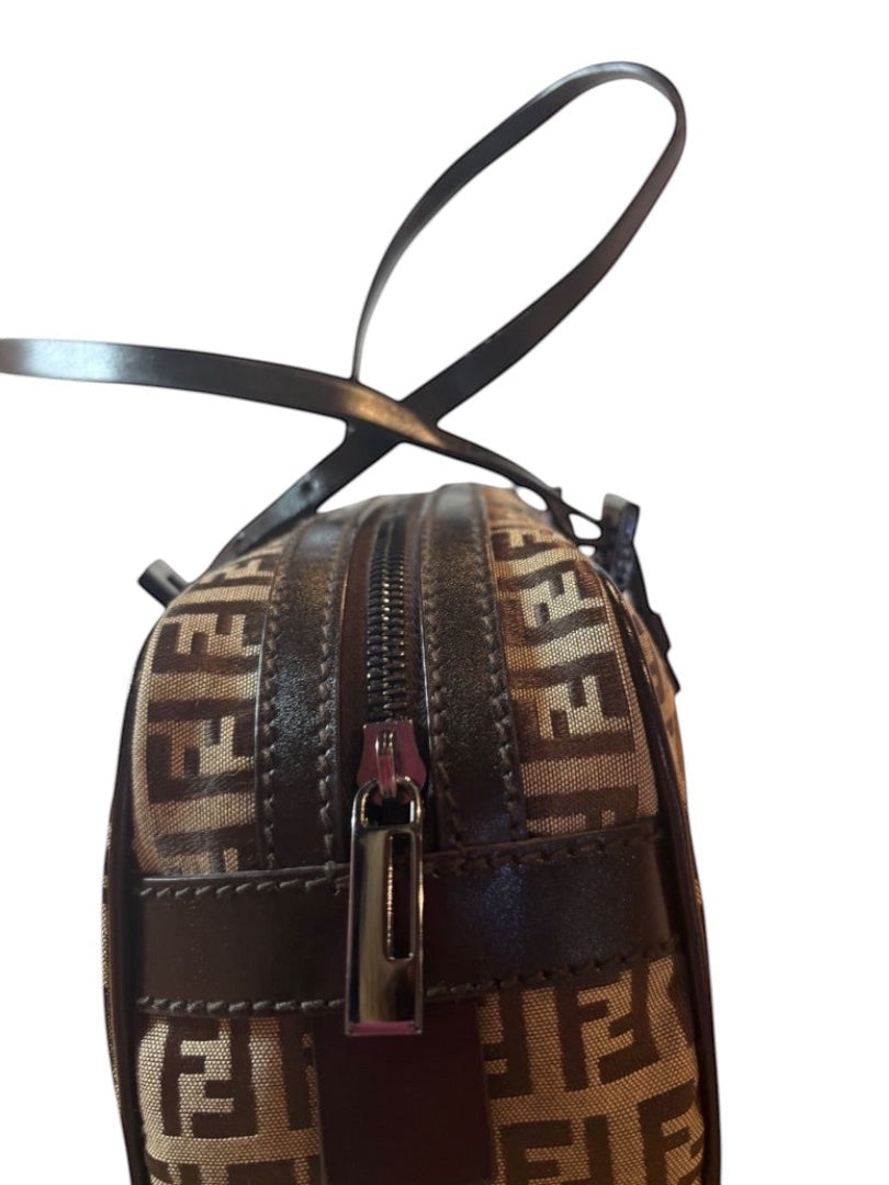 Posh Purse Co Fendi Barrel Bauletto bag in brown Zucca canvas with dark brown leather trim and handles. Features a zip top closure.