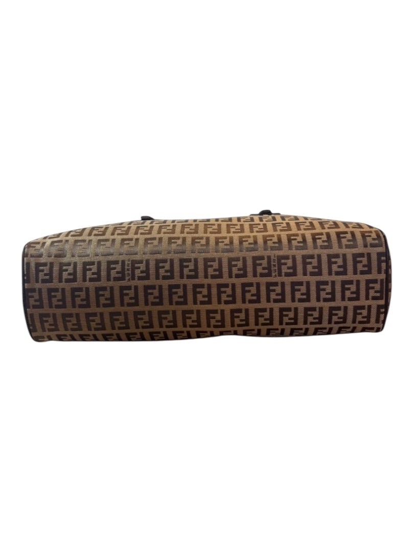 Posh Purse Co Fendi Barrel Bauletto bag in brown Zucca canvas with all-over FF logo print and leather trim.