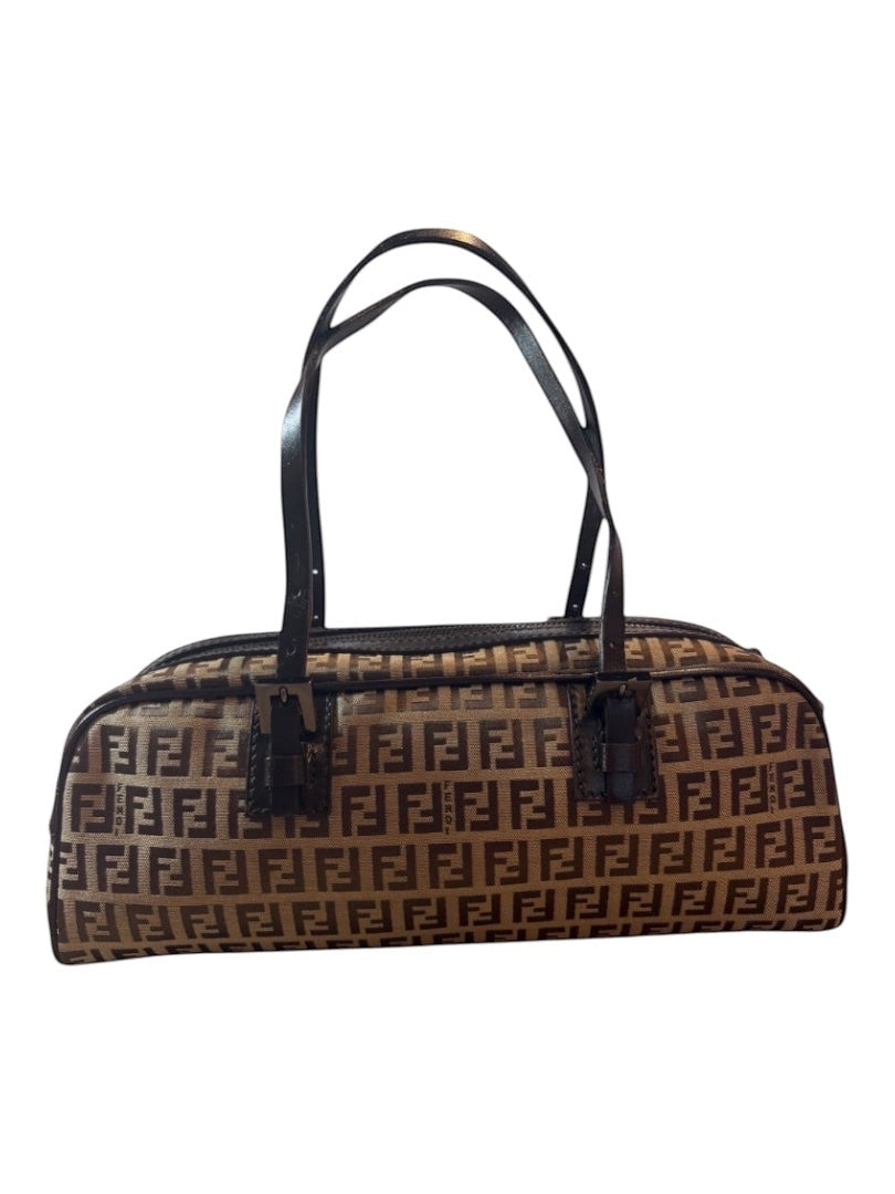 Posh Purse Co Fendi Barrel Bauletto bag in brown Zucca canvas with dark brown leather trim and handles. Features signature FF logo pattern and zip top closure.