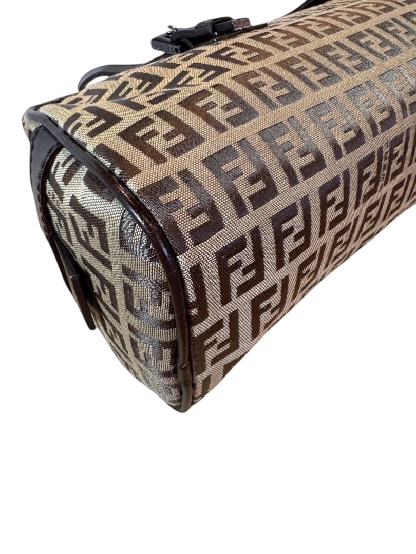 Posh Purse Co Fendi Barrel Bauletto bag in brown Zucca canvas with dark brown leather trim and silver hardware.