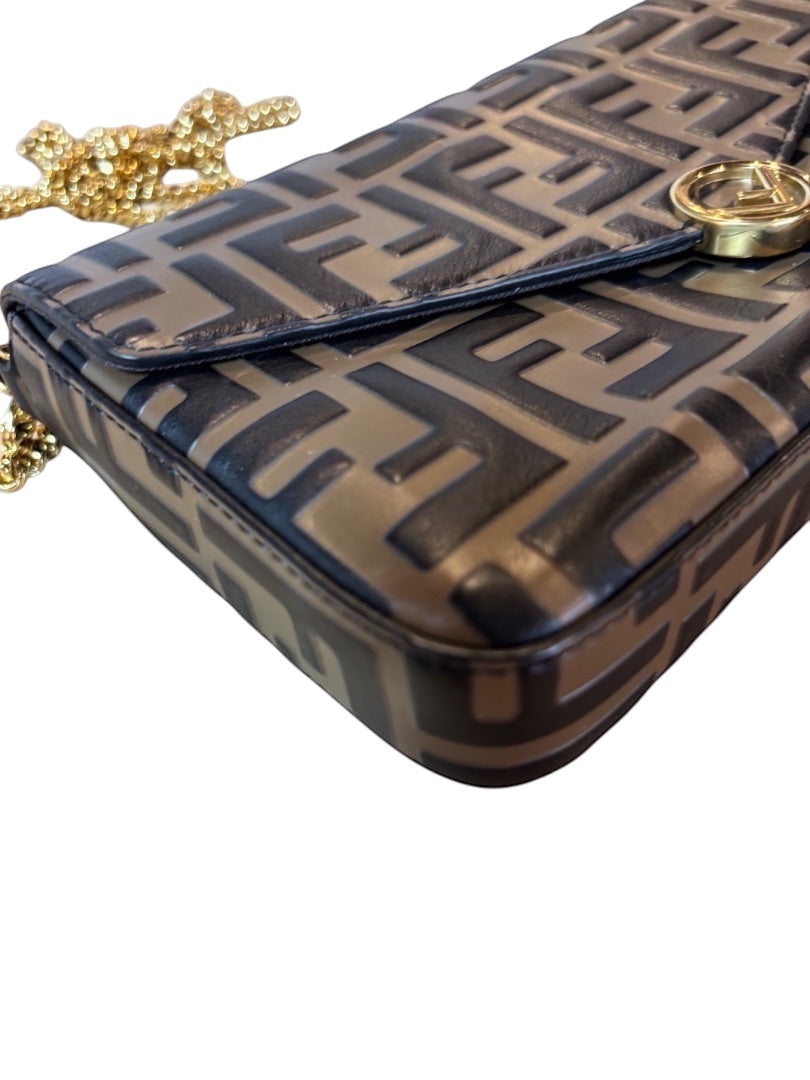 Posh Purse Co Fendi Vitello Soft bi-color FF embossed wallet on chain with gold hardware and chain strap.