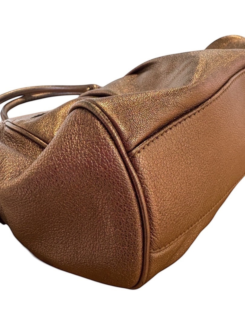Posh Purse Co pre-loved metallic bronze leather Ferragamo Mancini shoulder bag with Gancini hardware.