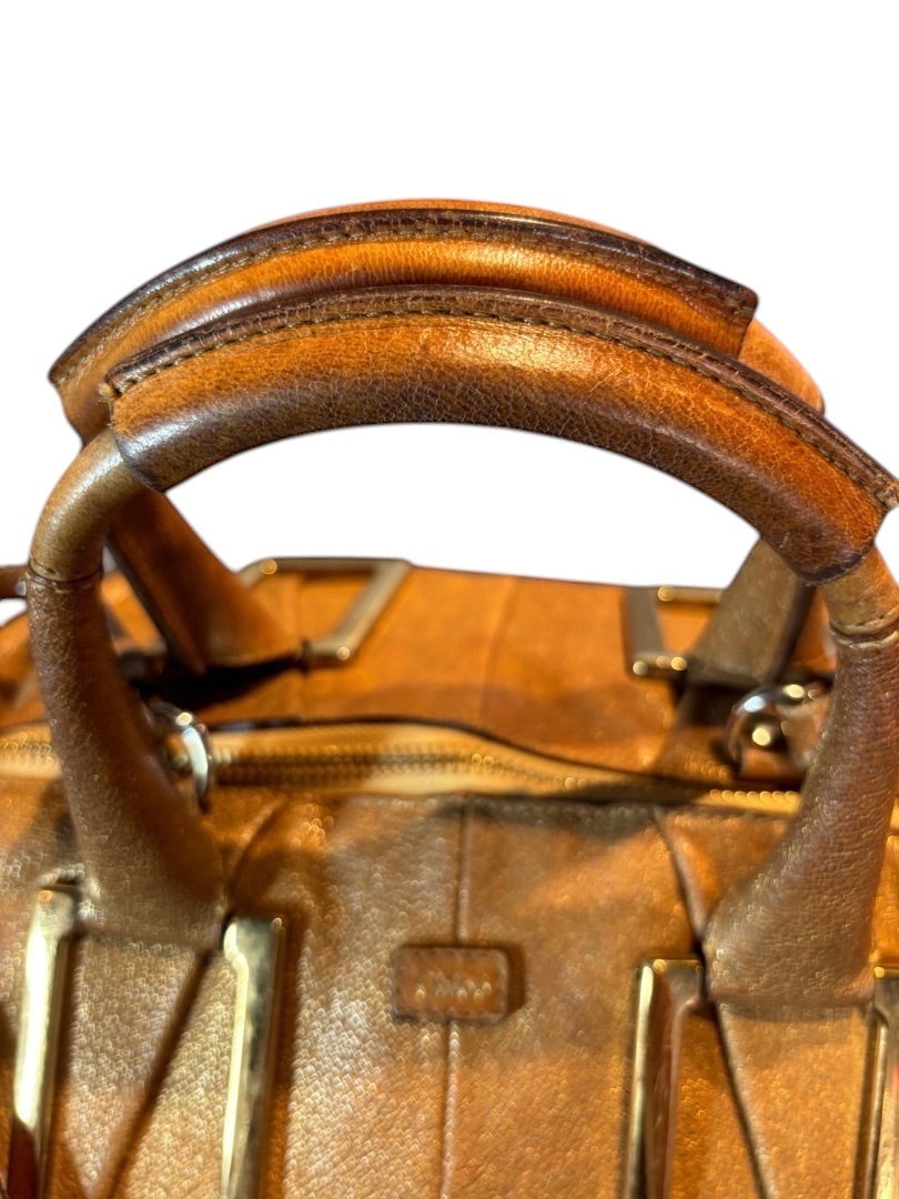 Posh Purse Co Chloé gold leather satchel bag with top handles and metallic finish.