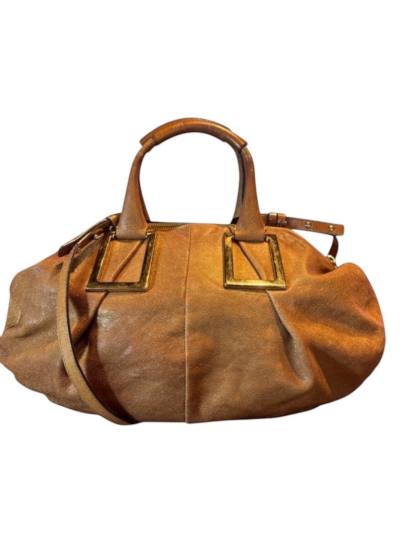 Posh Purse Co Chloé gold leather satchel bag with top handles and gold hardware. Metallic finish.