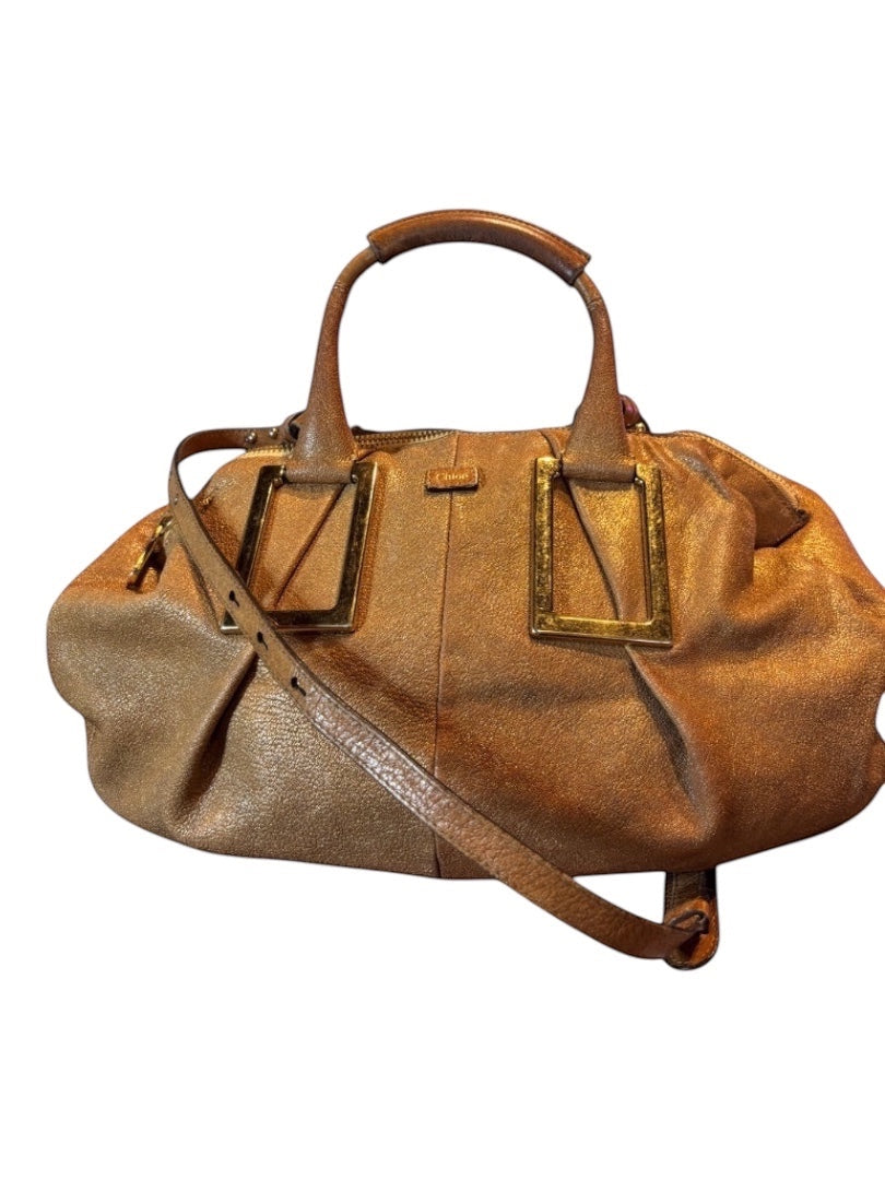Posh Purse Co Chloé metallic gold leather satchel bag with top handles and a shoulder strap.