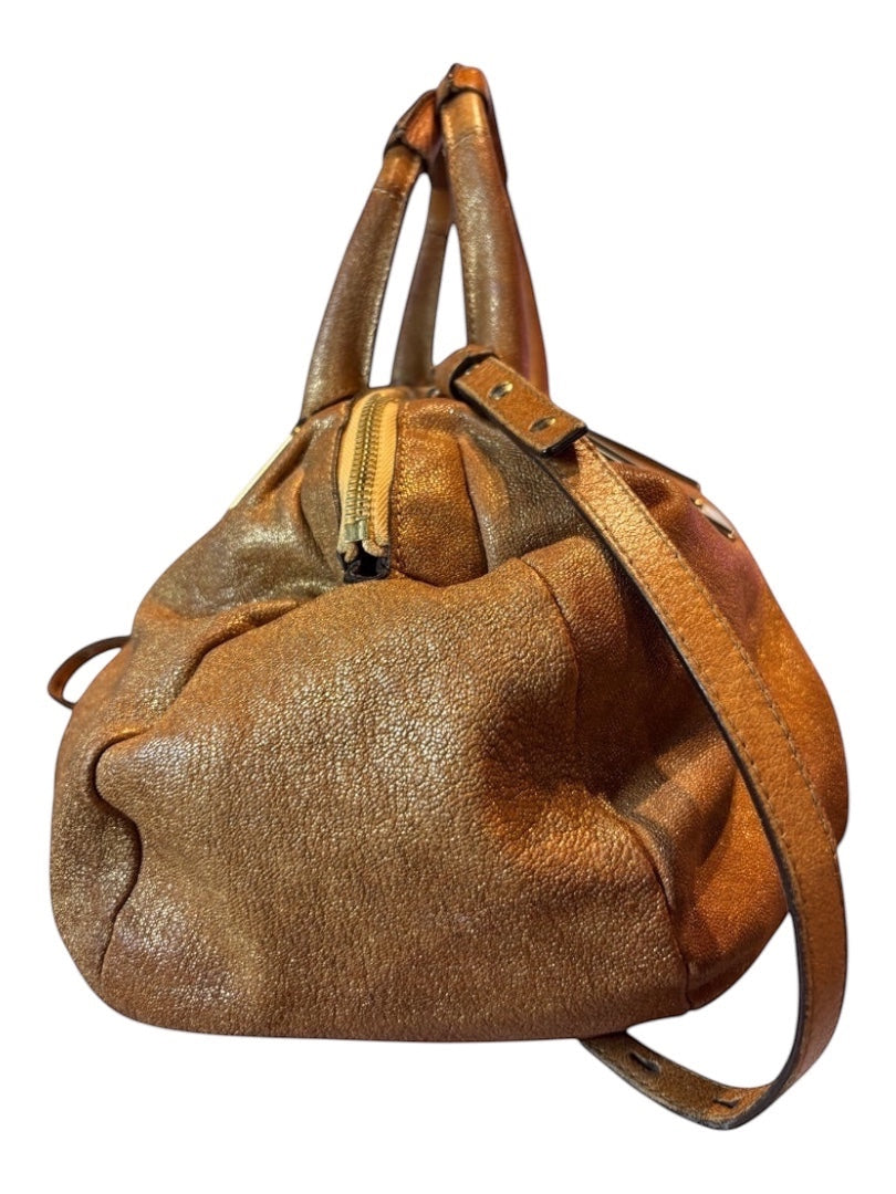 Posh Purse Co Chloé metallic gold leather satchel bag with top handles and a zip closure.