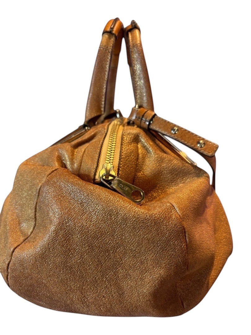 Posh Purse Co Chloé gold metallic leather satchel bag with top handles and zip closure.