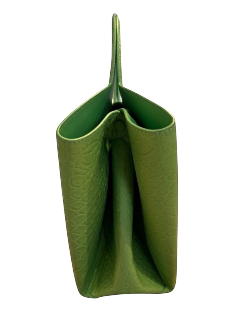 Posh Purse Co green croc embossed doll bag with top handle.
