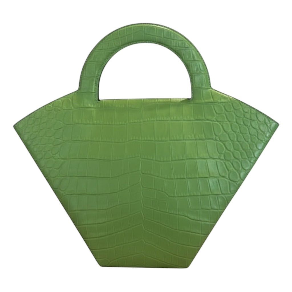 Posh Purse Co green croc embossed doll bag with a unique fan shape and top handle.