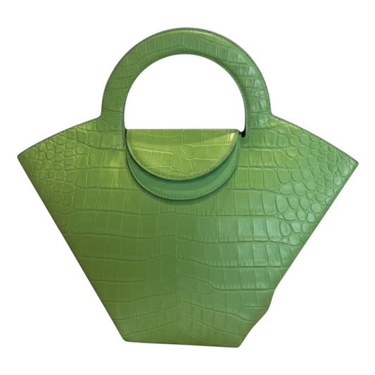 Posh Purse Co green croc embossed doll bag with a unique curved handle and flap closure.