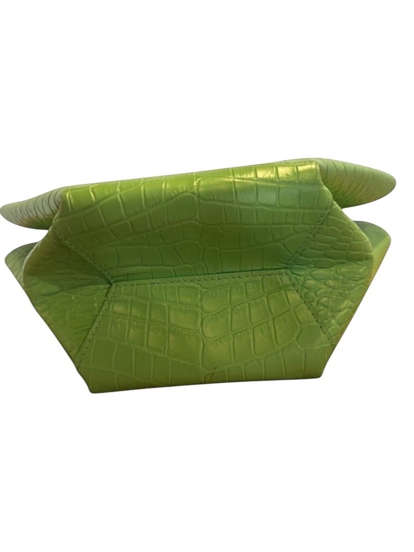 Posh Purse Co Bottega Croc Embossed Doll Bag in bright green leather with a structured base.
