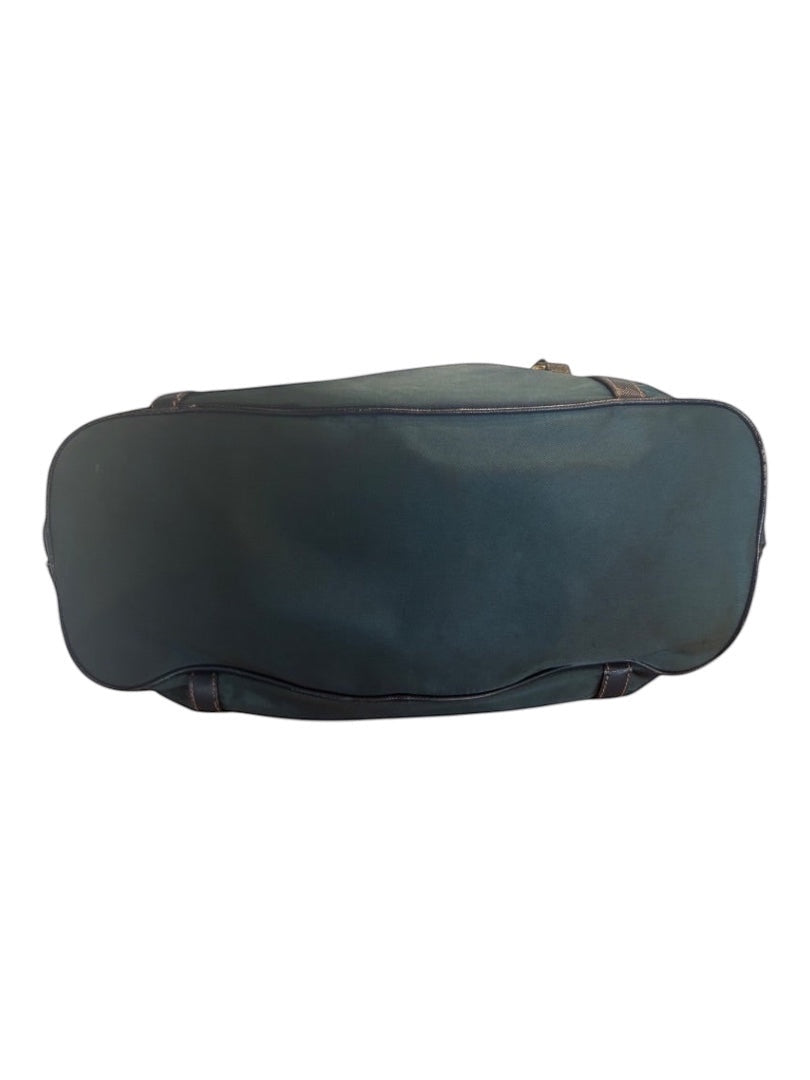 Posh Purse Co green Prada Nylon Tessuto bag with dark brown trim and silver-tone hardware.