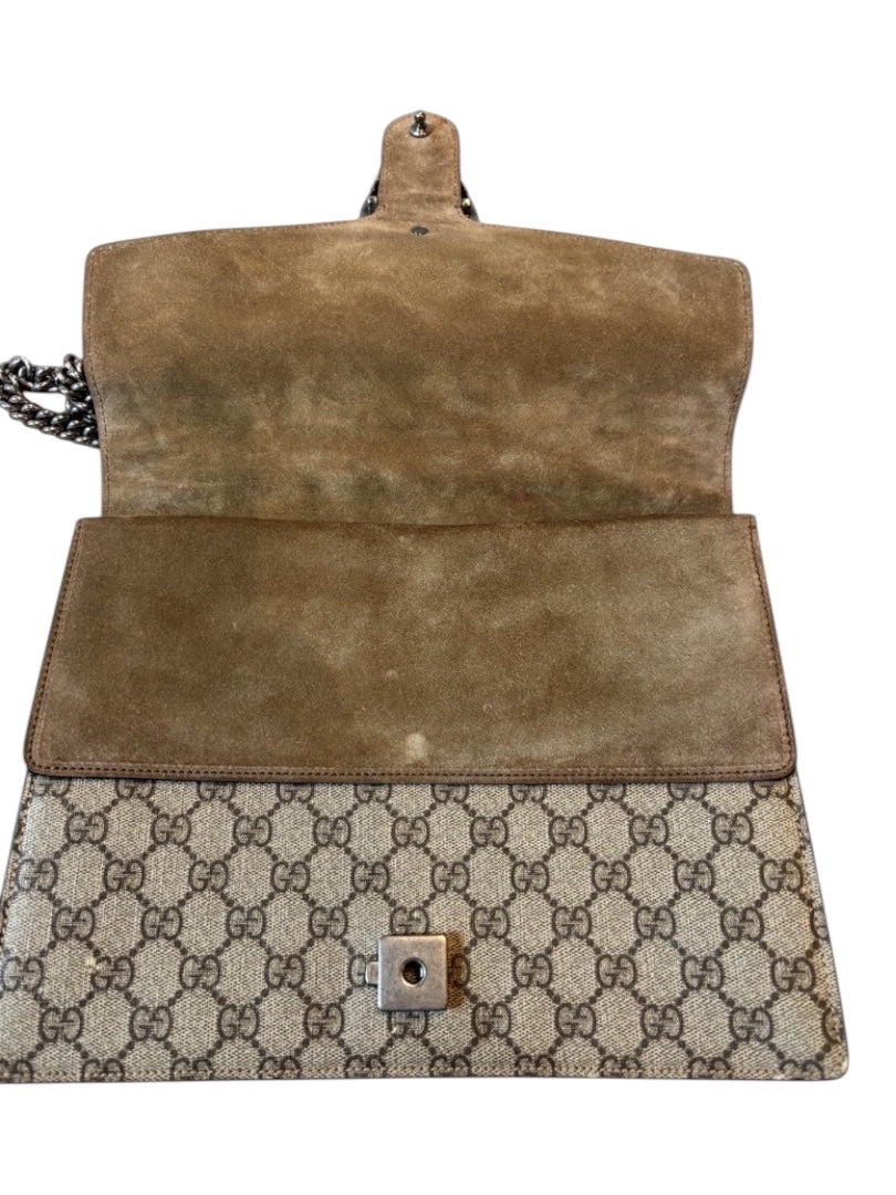 Posh Purse Co Gucci Dionysus GG Supreme canvas shoulder bag with suede lining and tiger head spur closure.
