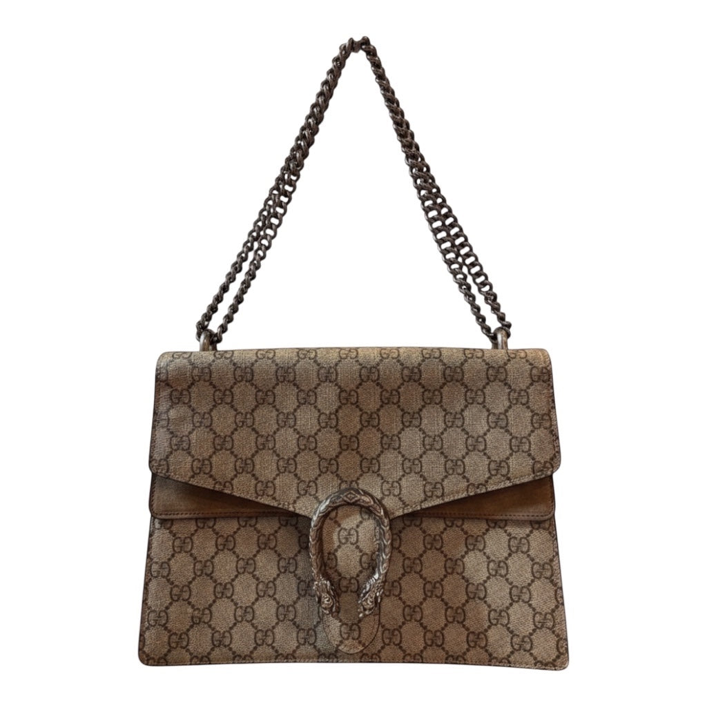 Posh Purse Co Gucci Dionysus GG Supreme canvas shoulder bag with tiger-head spur closure and sliding chain strap.