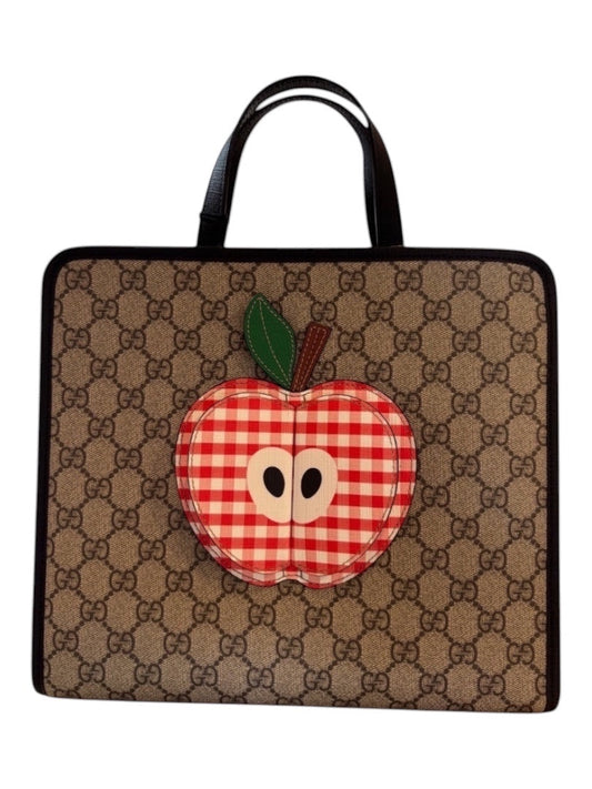 Posh Purse Co Gucci Children’s GG Supreme canvas bag with red gingham apple appliqué and leather handles. Brand new with tags.