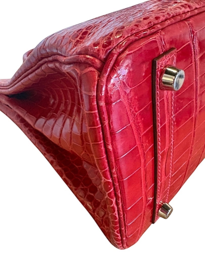 Posh Purse Co Hermès Birkin 30 crocodile porosus handbag in Braise red with palladium hardware.