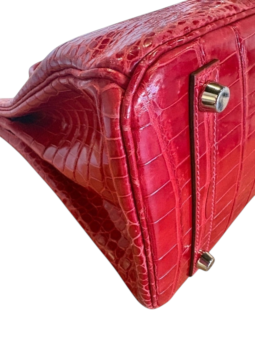 Posh Purse Co Hermès Birkin 30 crocodile porosus handbag in Braise red with palladium hardware.