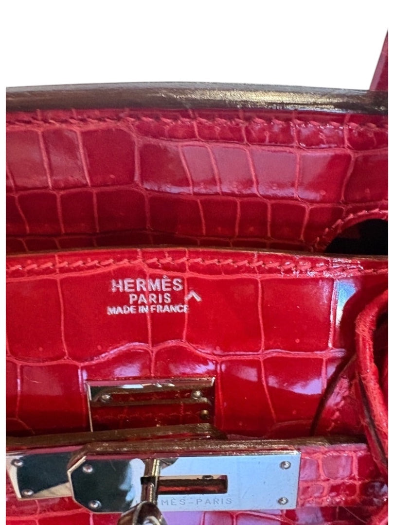 Posh Purse Co Hermes Birkin 30 crocodile leather handbag in Braise red with palladium hardware and embossed logo.