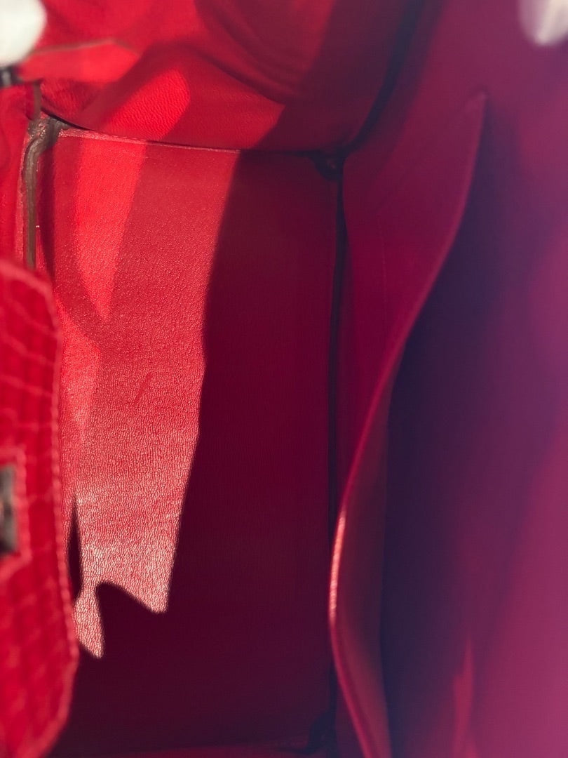 Posh Purse Co Hermès Birkin 30 Crocodile Porosus in Braise red leather interior with palladium hardware detail.