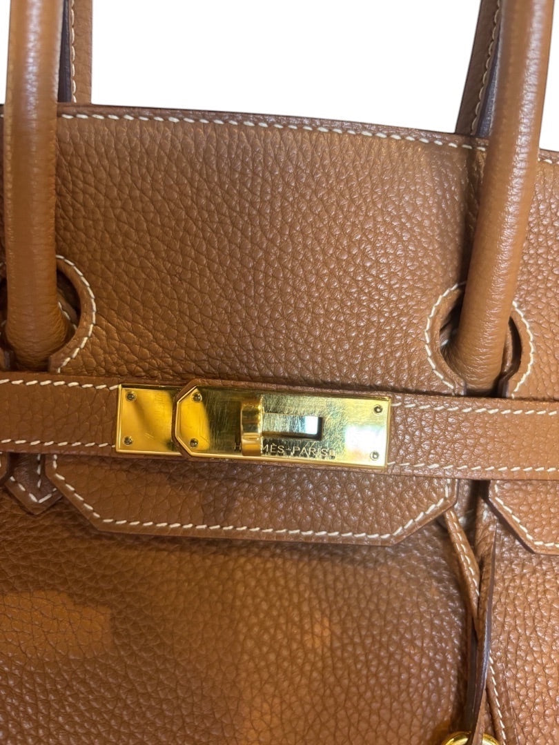 Posh Purse Co. Hermes Birkin 35 Gold Togo leather handbag with gold hardware and white stitching.