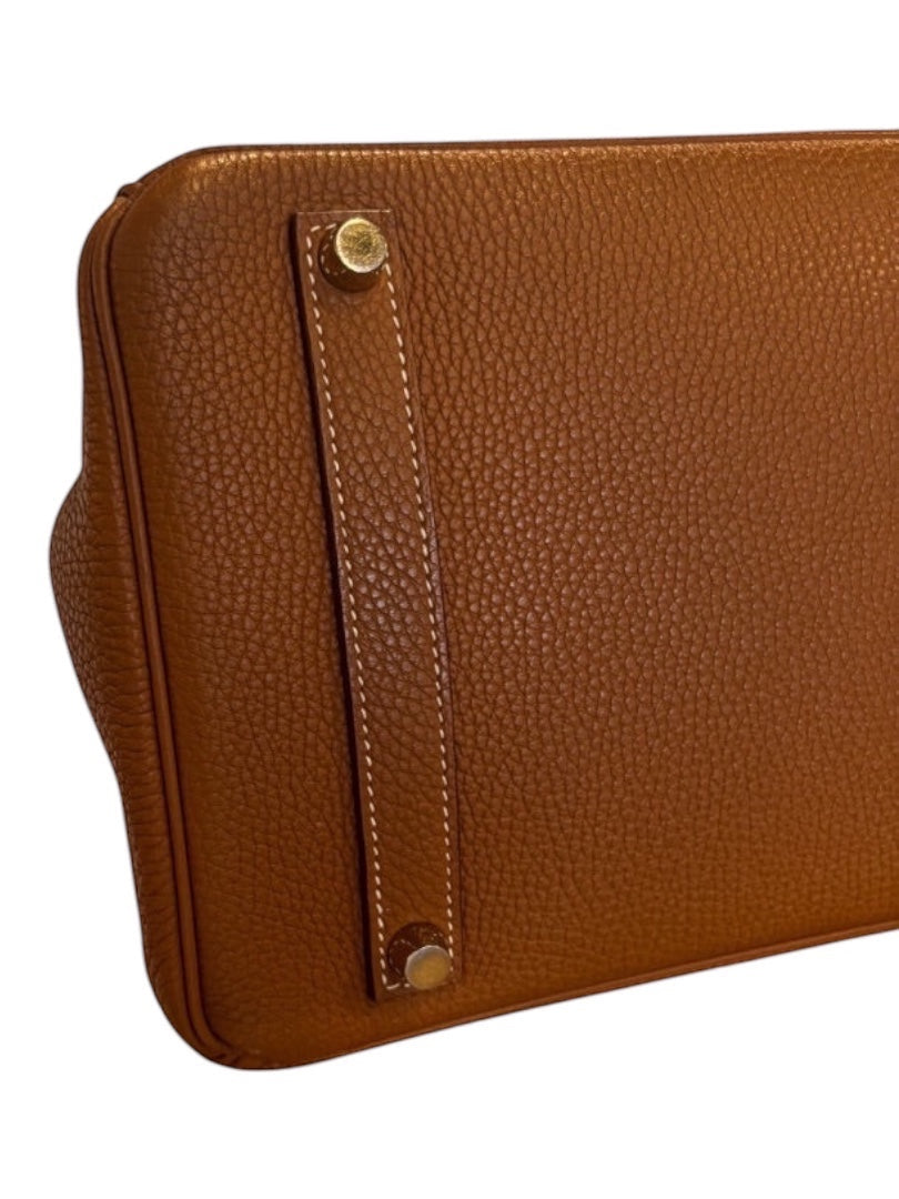 Posh Purse Co. Hermes Birkin 35 Gold Togo leather handbag with gold hardware and white stitching.