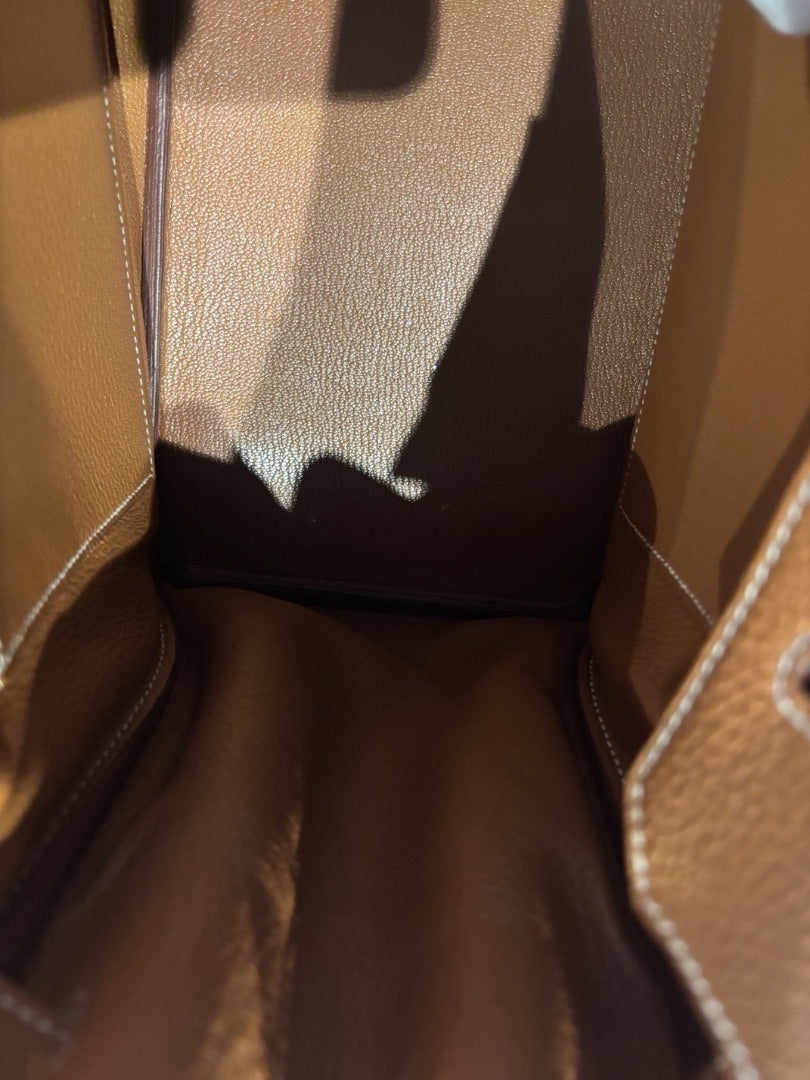 Posh Purse Co. Hermes Birkin 35 Gold Togo leather handbag interior with gold hardware and white stitching.