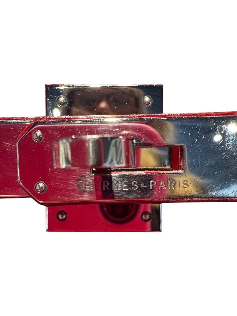 Posh Purse Co Hermes Birkin 30 crocodile leather bag clasp in Braise red with palladium hardware.