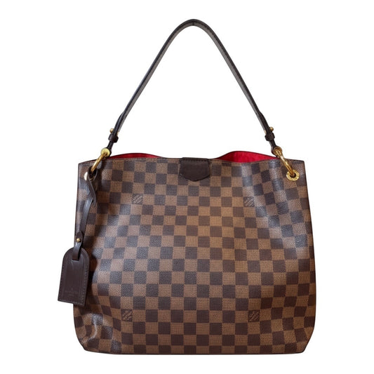 Posh Purse Co Louis Vuitton Graceful MM Damier Ebene canvas shoulder bag with brown leather trim and gold hardware.